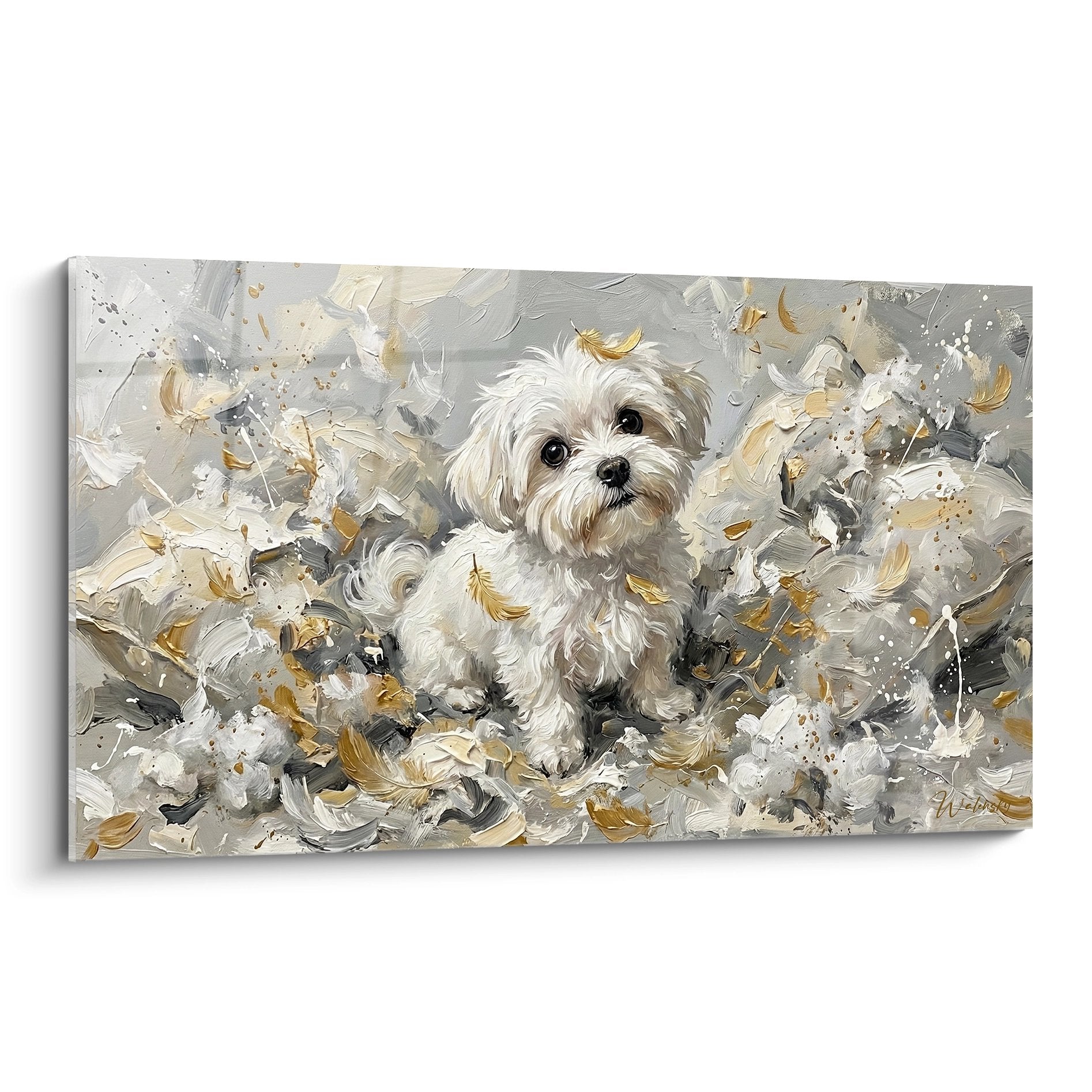 tableau bichon maltais blanc eclaboussures dorees peinture artistique expression tendre