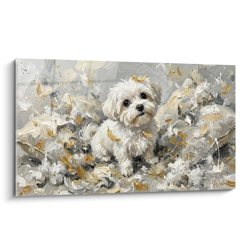 Tableau Chien Blanc aux Tonalités Dorées - Explosion Artistique - Edition Bichon Maltais