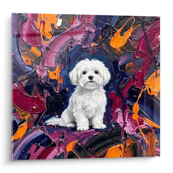 Cuadro de Bichón Maltés Blanco sobre Fondo Abstracto Multicolor - Brillo Artístico - Edición Bichón Maltés