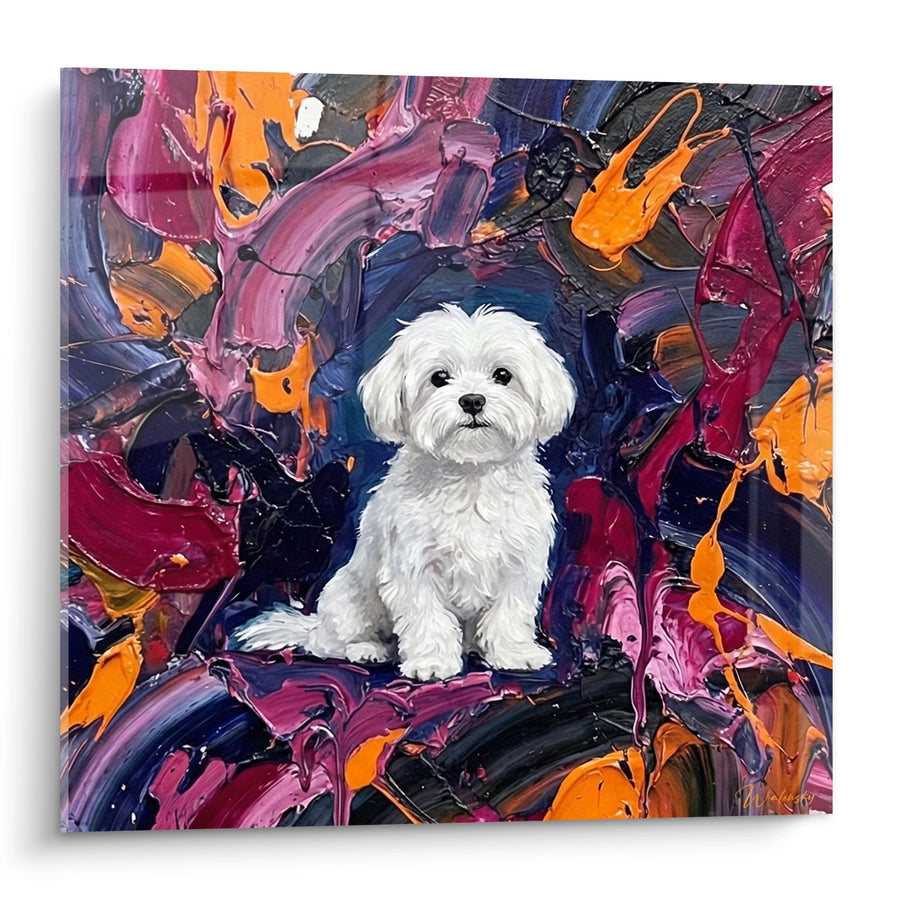 Schilderij Maltese Hond Wit op Abstracte Meerkleurige Achtergrond - Artistieke Uitstraling - Bichon Maltais Editie