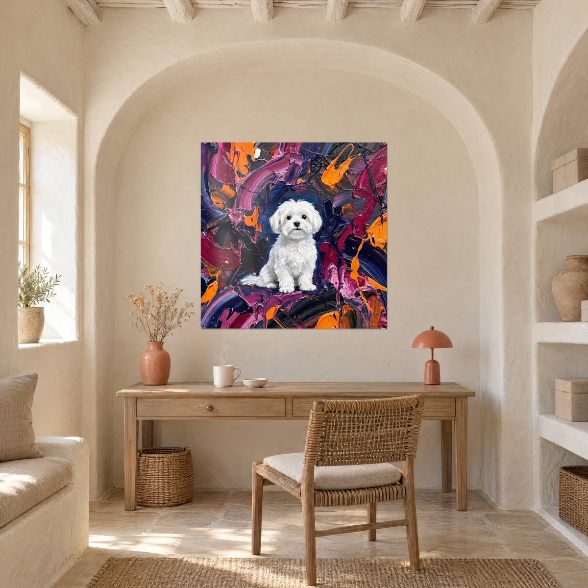 Wall art fluffy Maltese with dark eyes, orange, purple and black palette knife strokes, white vaulted wall, wooden desk, rattan chair