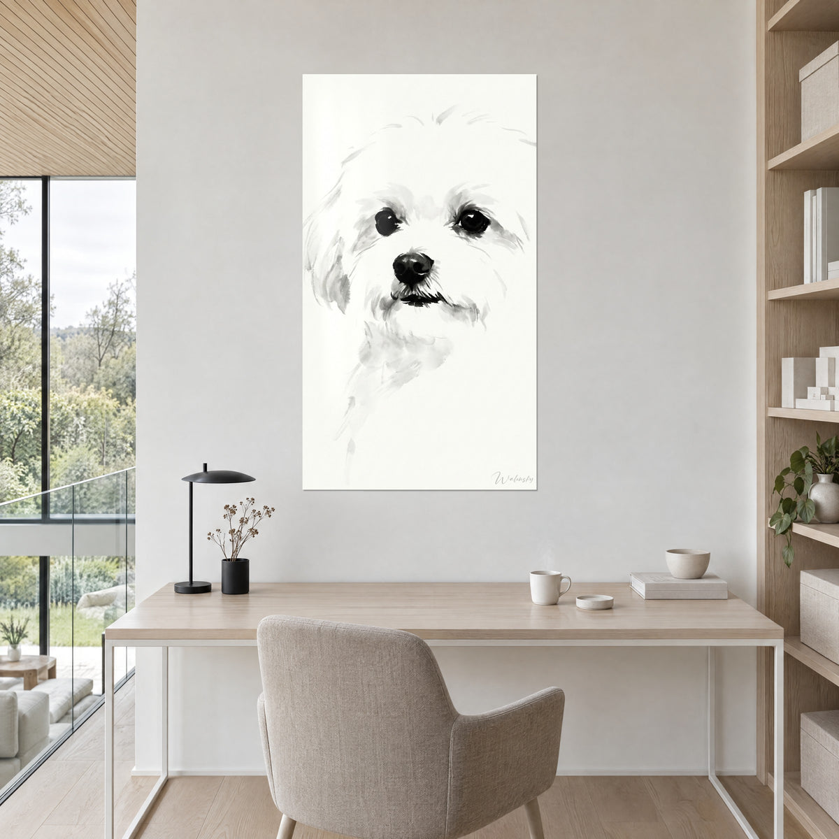Wall art curly-coated dog sketched in wash, black nose and off-white background, above a wooden desk next to a bookshelf