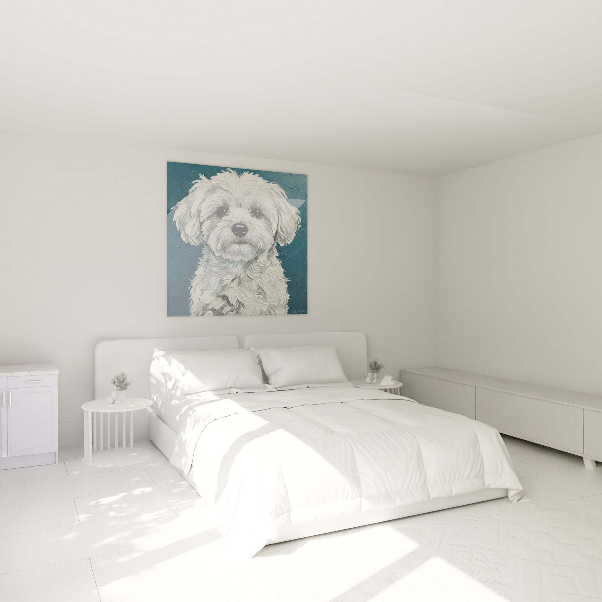 Tableau Bichon Maltais accroché chambre décoration murale blanche épurée ambiance apaisante moderne