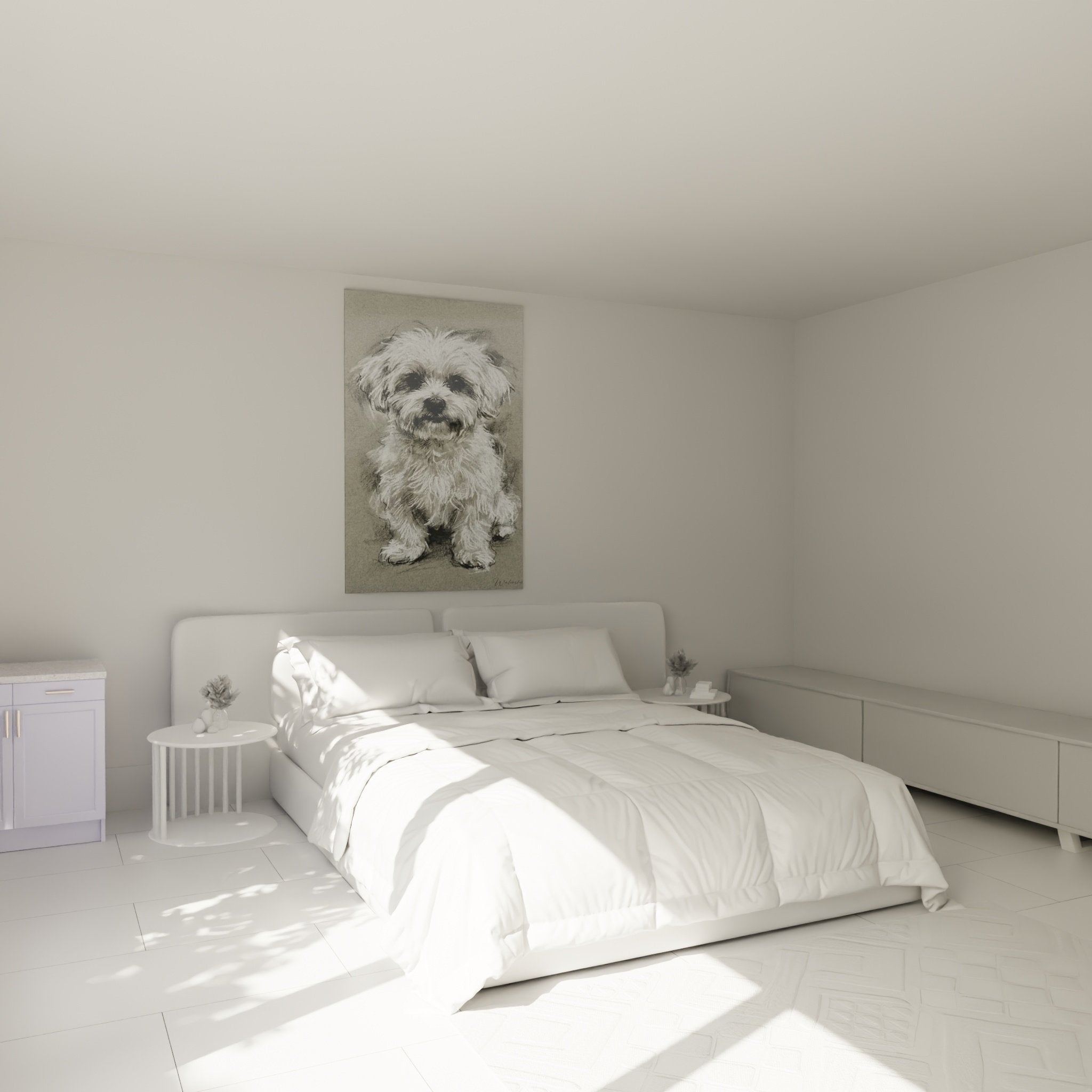 Tableau portrait bichon maltais tons pastel accroche mur chambre decoration murale ambiance douce apaisante lit coussins