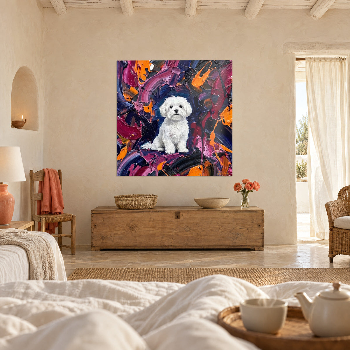 Wall art fluffy white dog with droopy ears, magenta, indigo and vivid orange paint, above a bed in a light bedroom