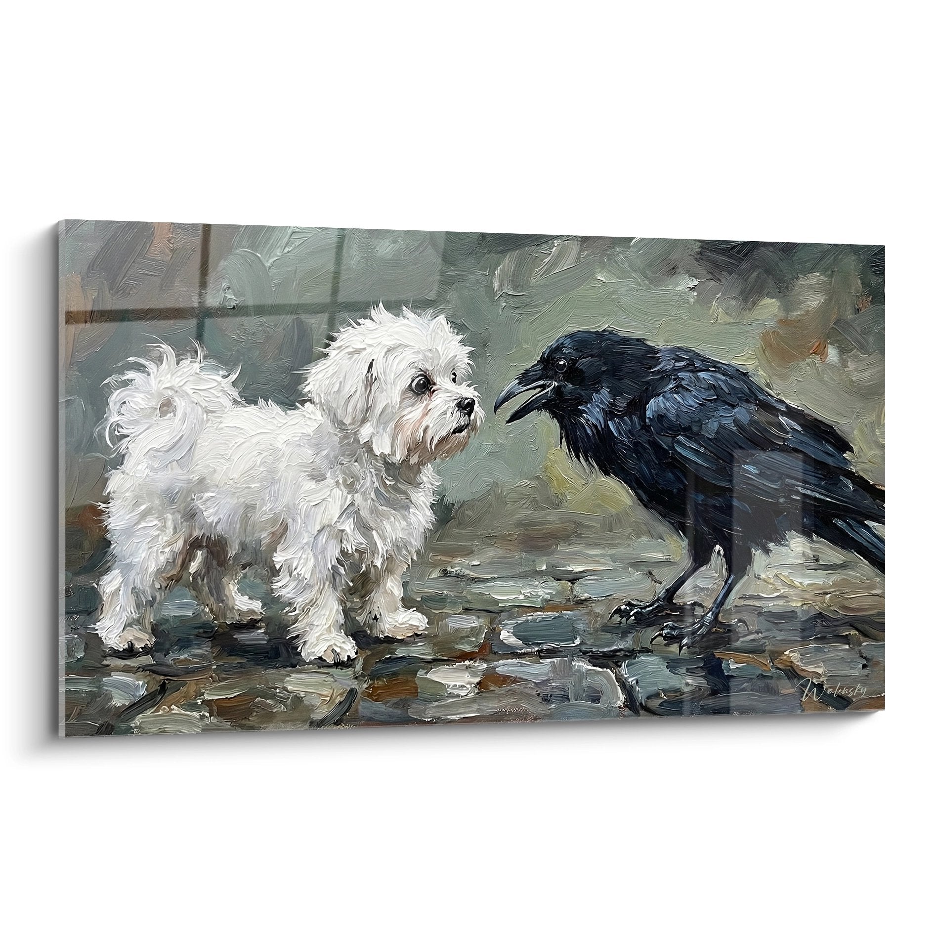 Tableau peinture Bichon Maltais blanc face à un corbeau noir sur sol mouillé avec reflets argentés