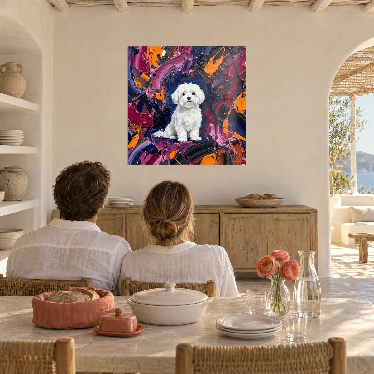 Wall art Bichon sitting facing us, cream coat, fuchsia and navy blue swirls, couple seen from behind, living room with white stones