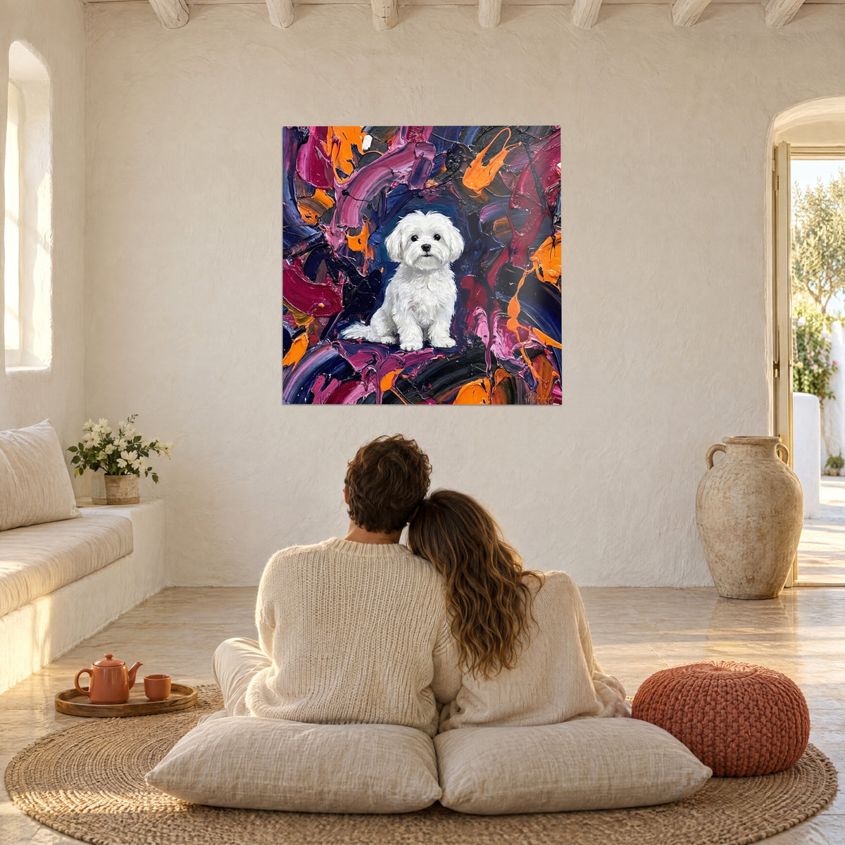 Wall art white toy poodle on an abstract purple, blue and orange background, couple embracing from behind on cushions, Mediterranean living room