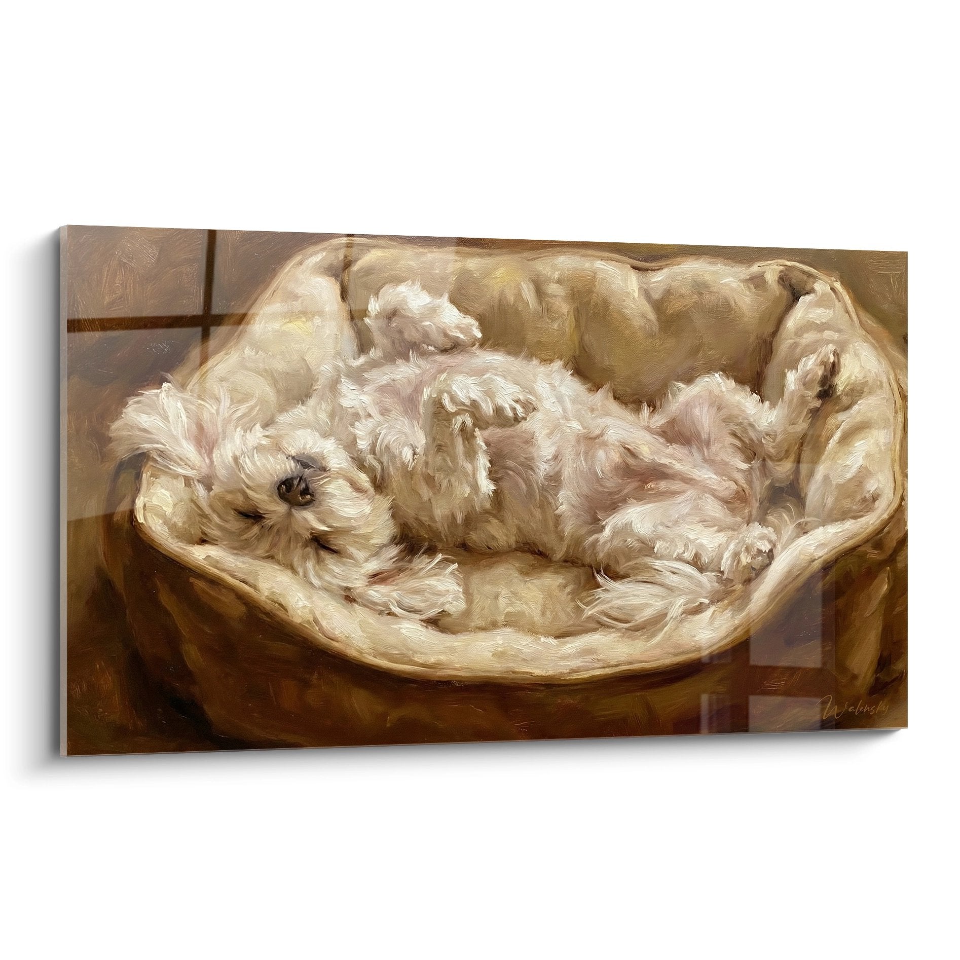 Tableau peinture Bichon Maltais blanc endormi dans panier osier tons ocres beiges art canin réaliste