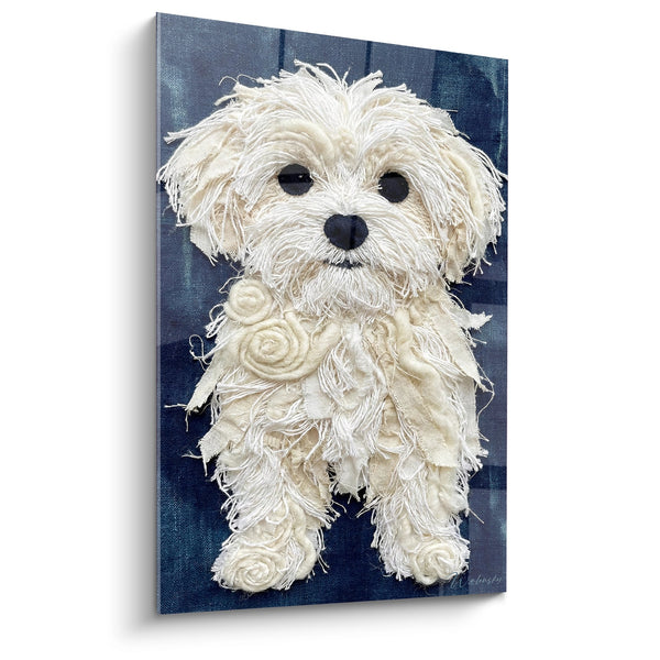 Cuadro Perro Blanco Textura de Fibras sobre Fondo Azul Marino - Retrato Artístico - Edición Bichón Maltés
