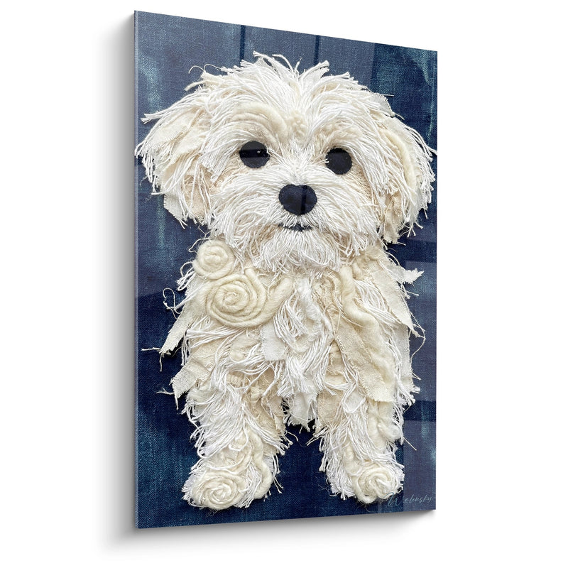 White Dog Painting Fiber Texture on Navy Blue Background - Artistic Portrait - Maltese Edition