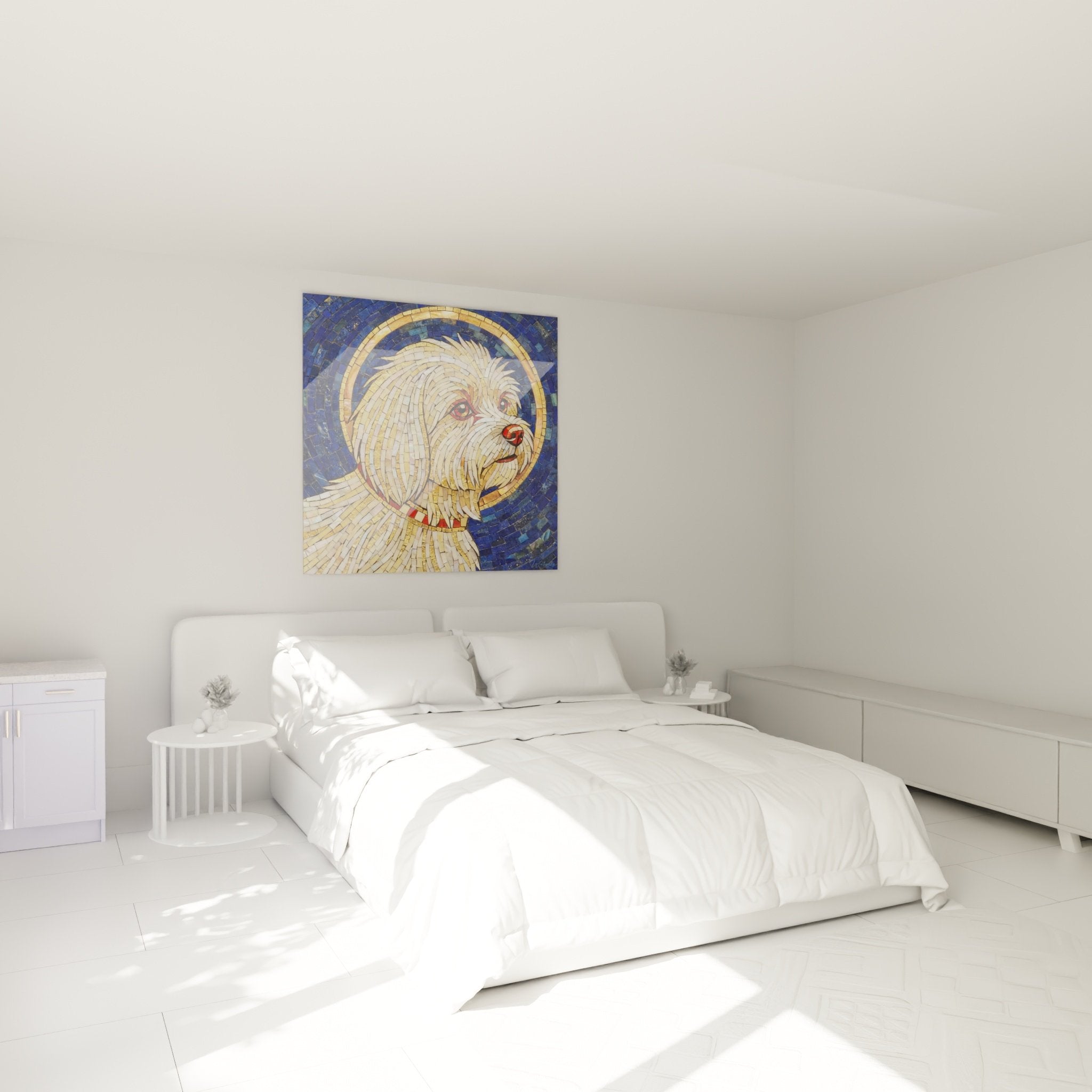 Tableau mosaique bichon maltais deco chambre mur blanc mobilier bois clair