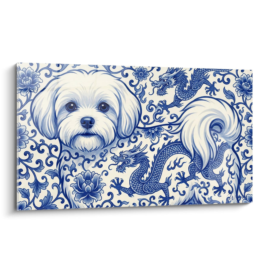 Schilderij van een Witte Bichon Maltais op Blauwe Chinese Motieven - Oosters Portret - Editie Bichon Maltais