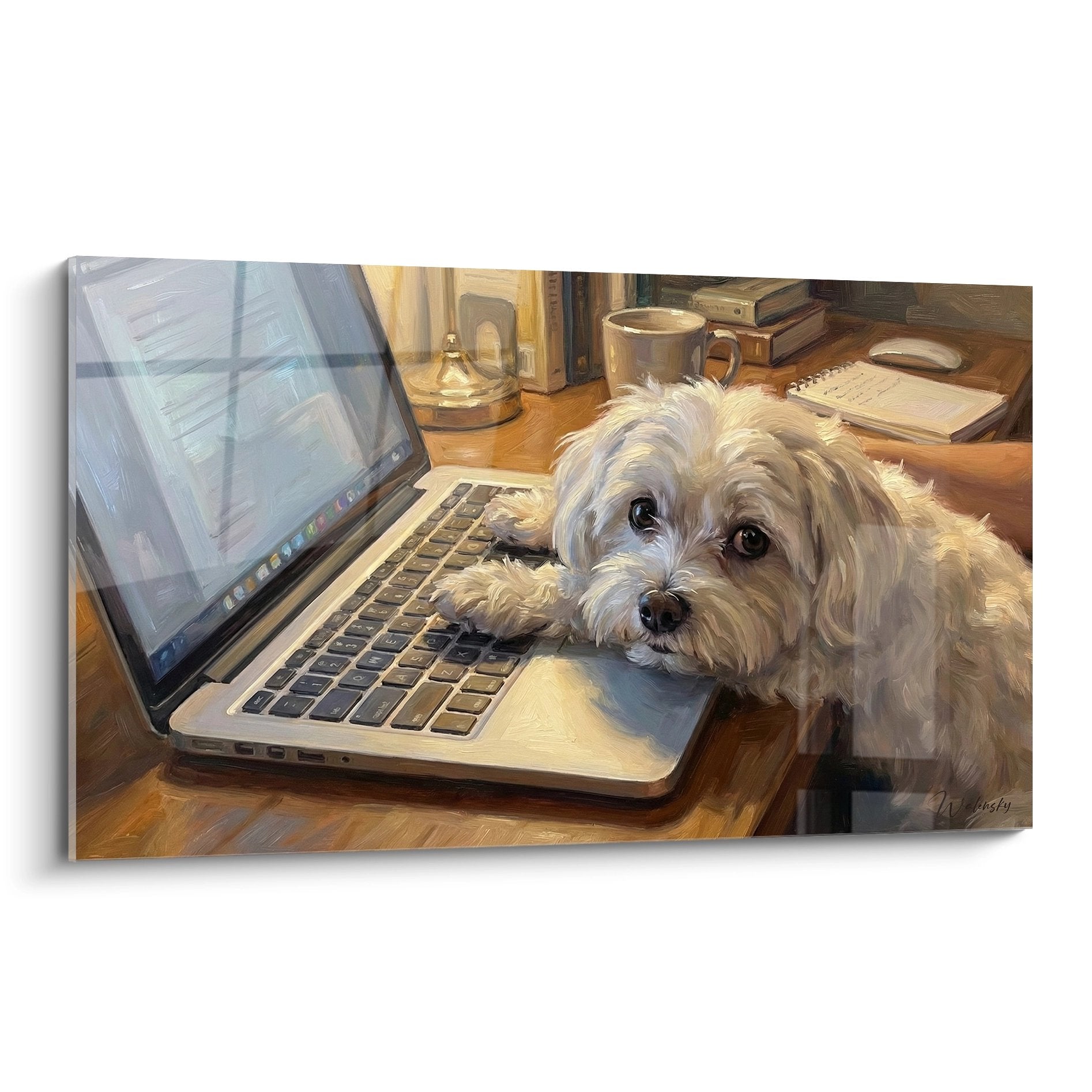 Tableau bichon maltais blanc travaillant concentre devant ordinateur portable bureau chaleureux tons dores