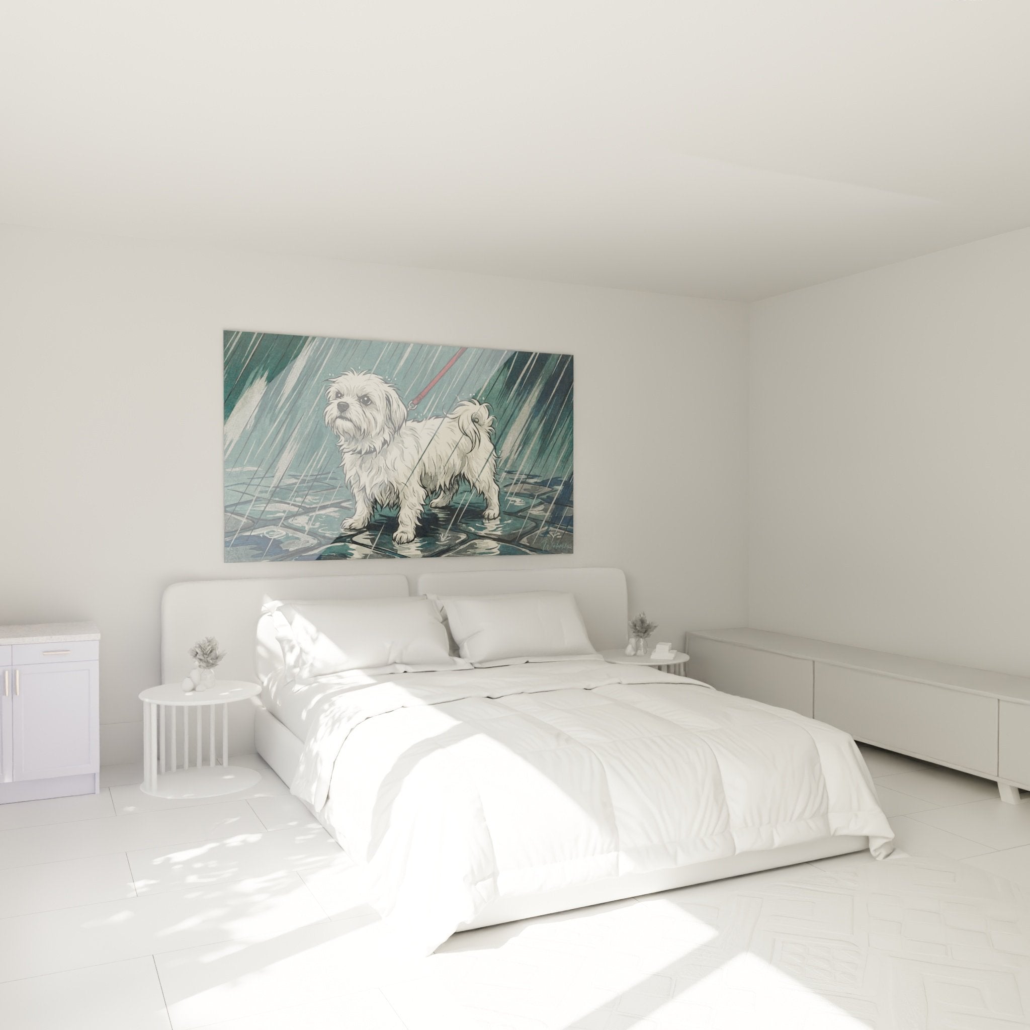 Tableau Bichon Maltais sous pluie décorant chambre moderne aux murs gris et mobilier contemporain