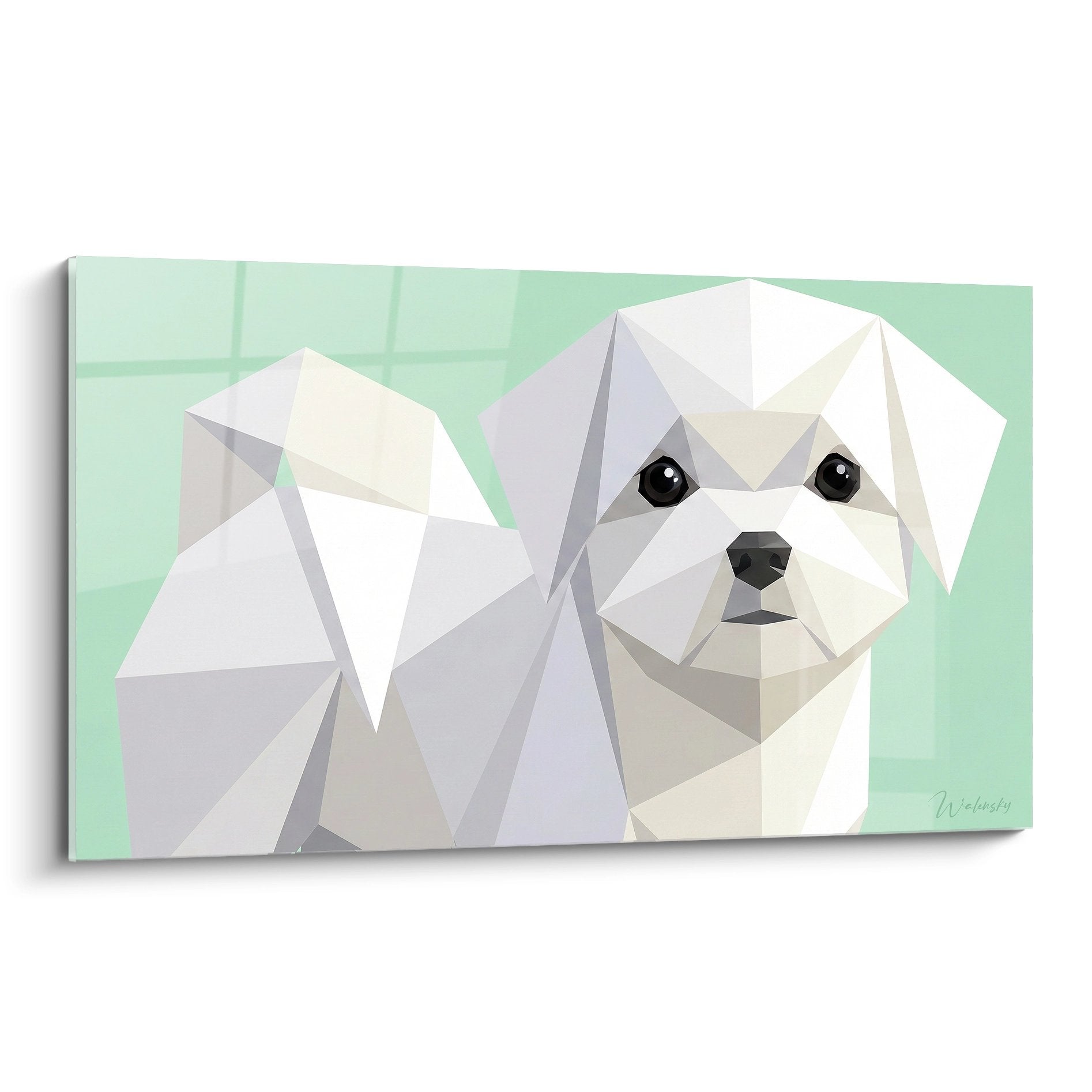 Tableau moderne Bichon Maltais blanc style polygonal sur fond vert pastel art géométrique contemporain