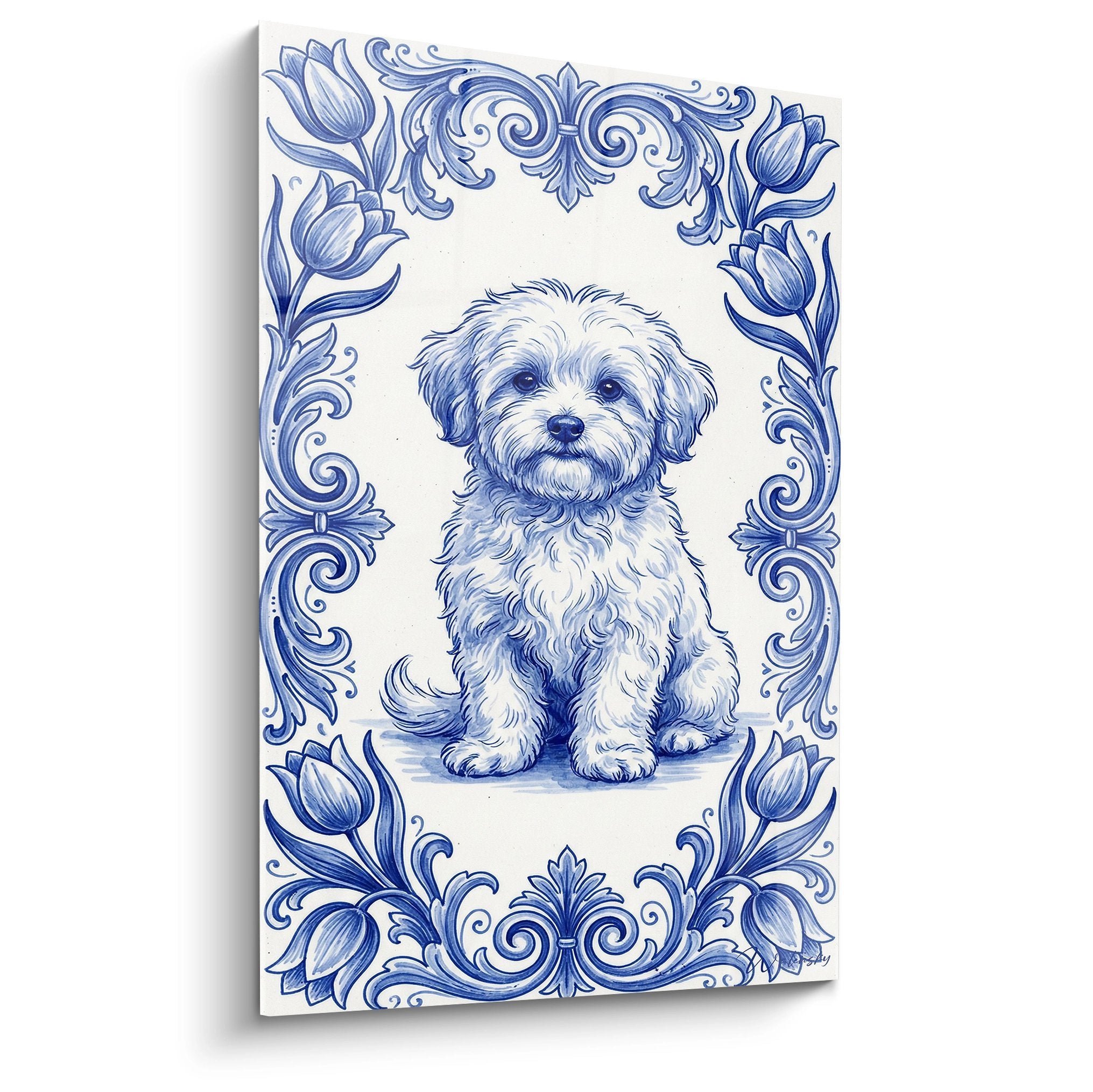 tableau chiot bichon maltais style porcelaine bleue motifs floraux cadre ornemental fond blanc art decoratif
