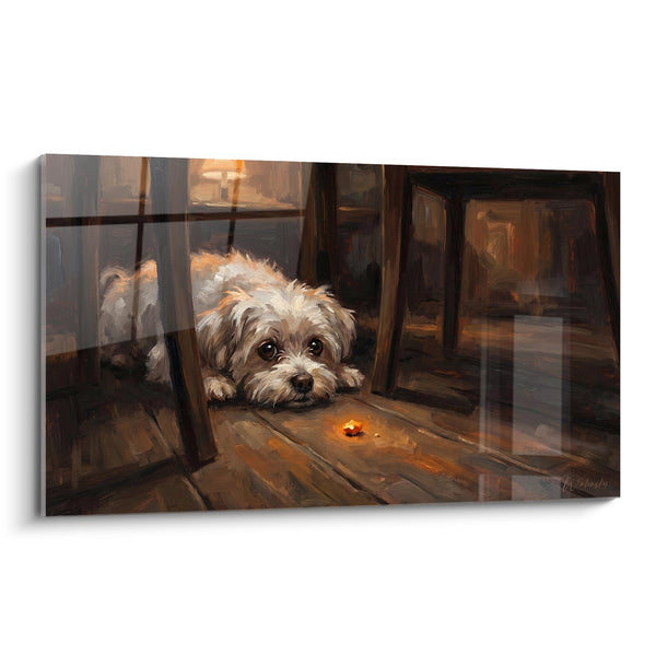 Cuadro de Bichón Maltés Tendido Bajo Silla, Iluminación Cálida - Descanso Acogedor - Edición Bichón Maltés