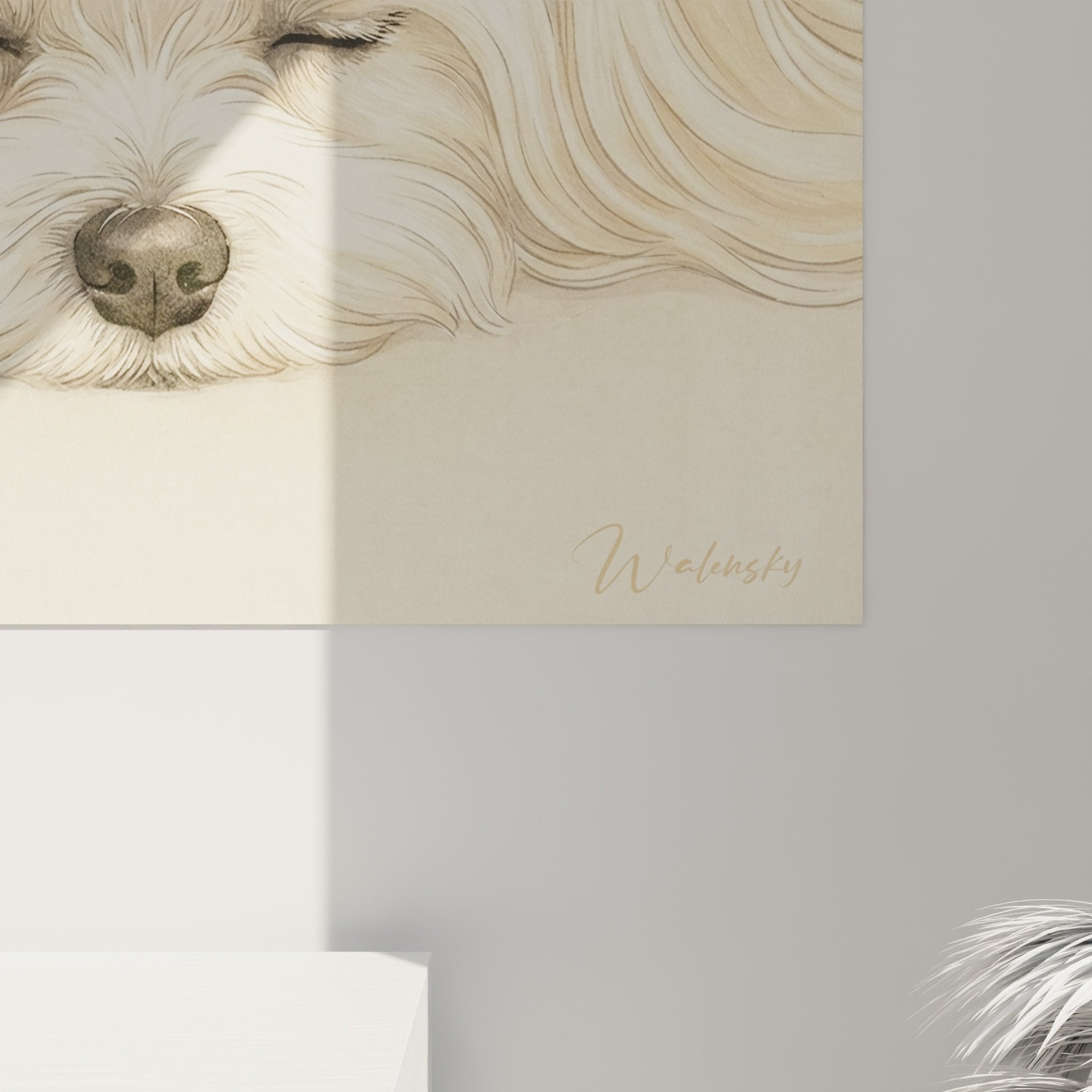 tableau mural bichon maltais salon decoration interieur tons neutres elegants