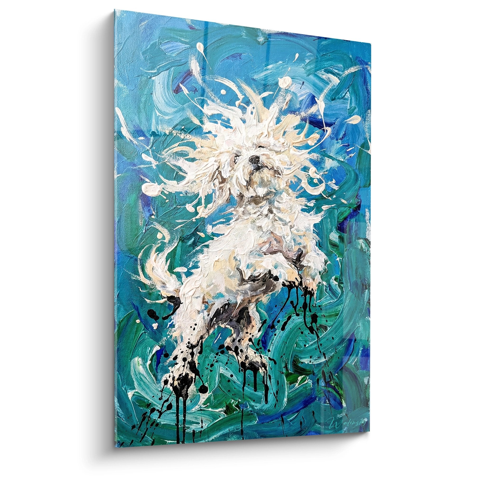 Tableau moderne Bichon Maltais blanc dans tourbillon bleu turquoise avec coulees noires style contemporain