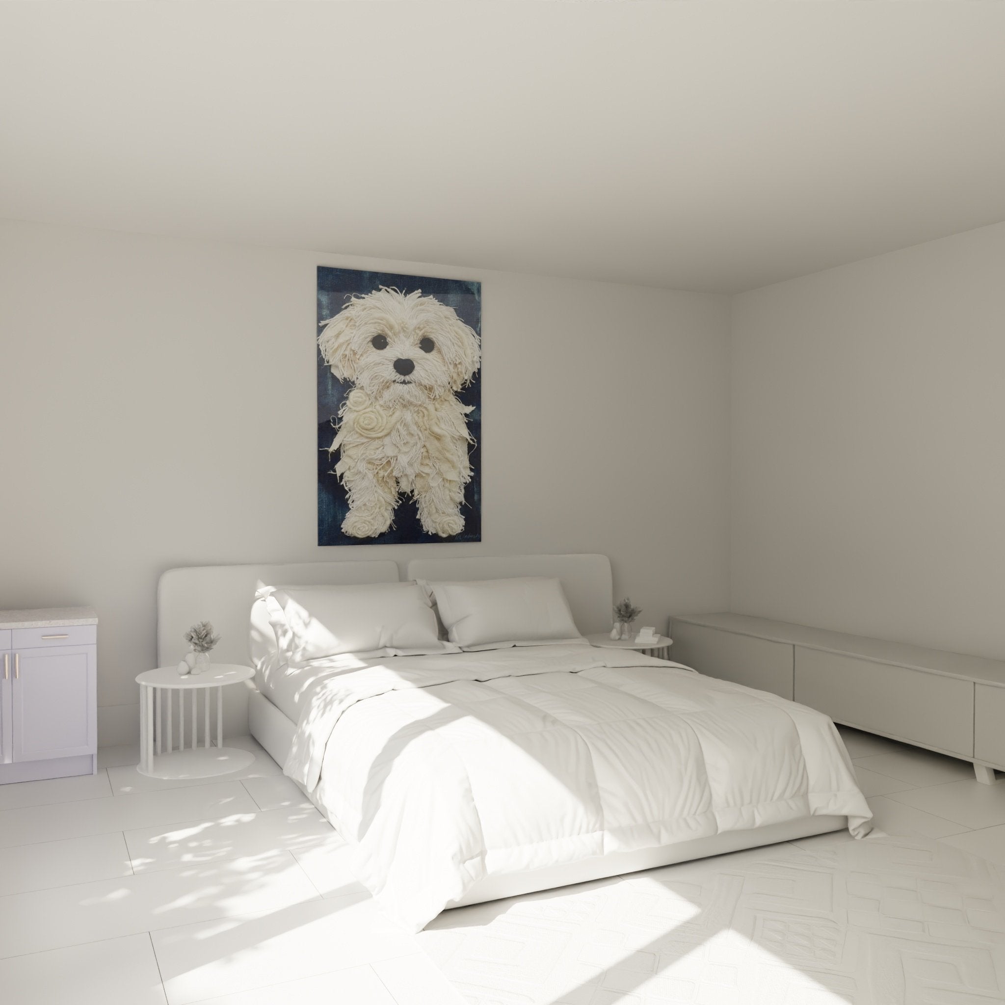 Tableau Bichon Maltais textile blanc accroche mur chambre decoration murale moderne ambiance cosy