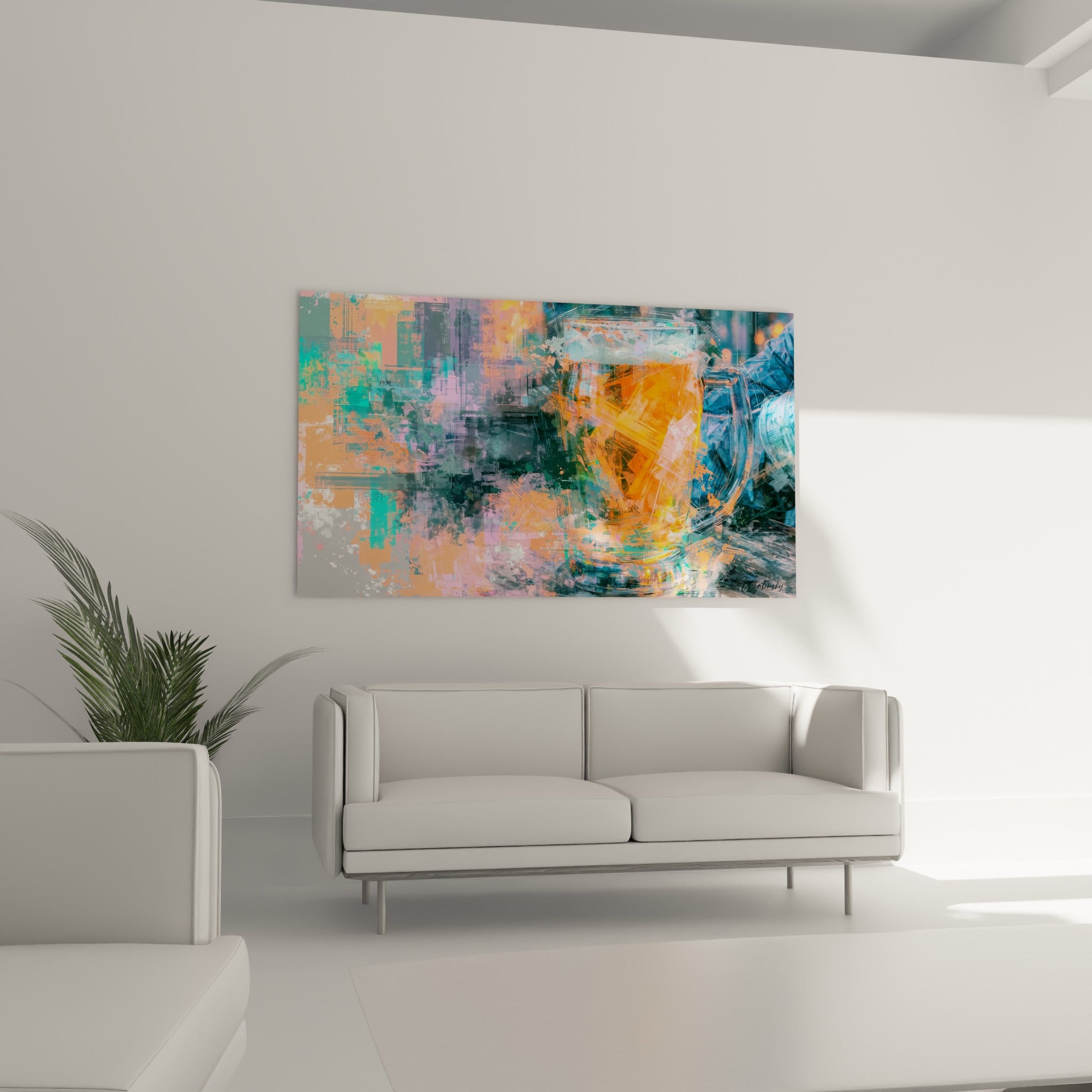Liquide ambré lumineux entouré de fragments turquoise et roses au-dessus d'un canapé dans un salon lumineux