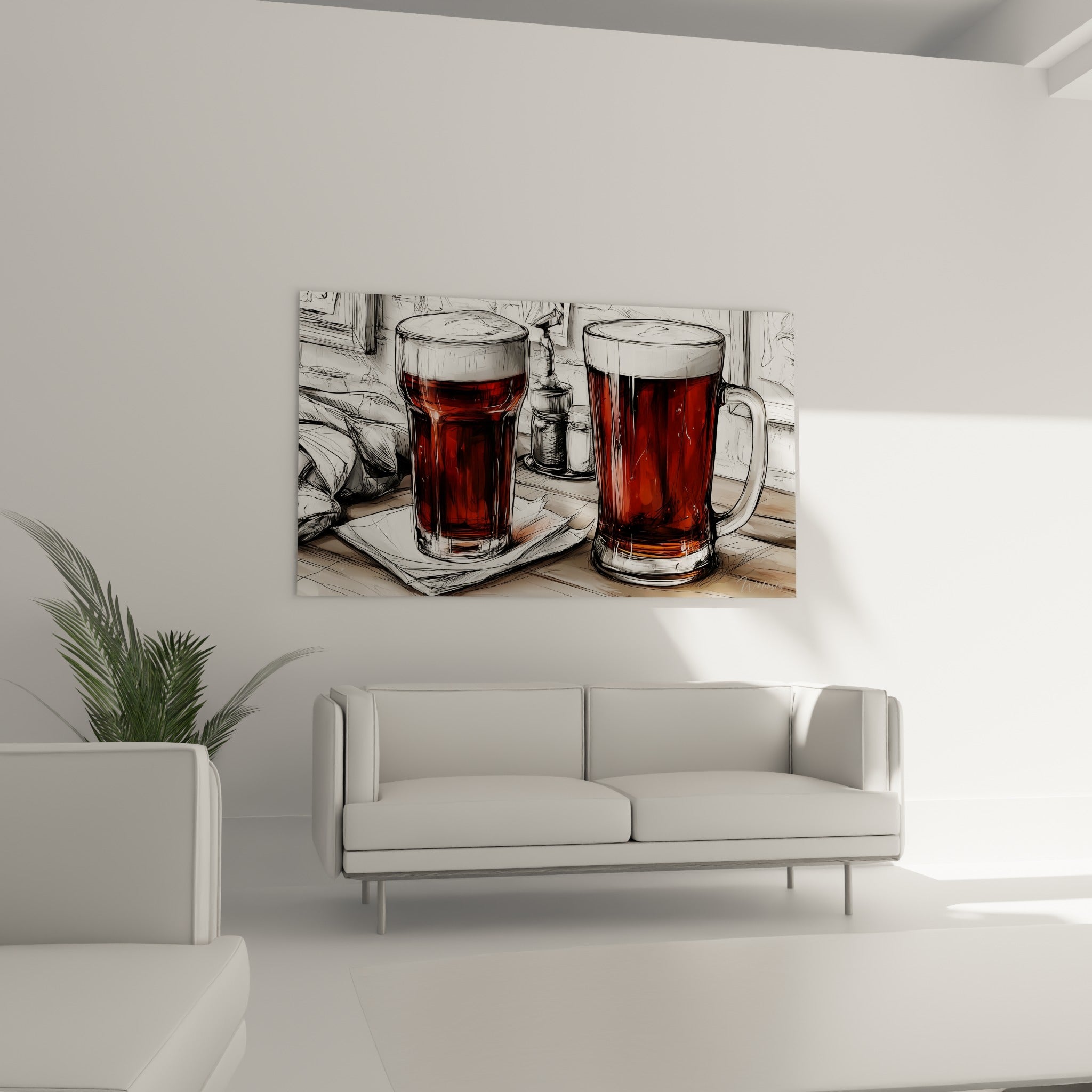 Chopes de bière ambre et blanc affichées au-dessus d'un canapé dans un salon lumineux