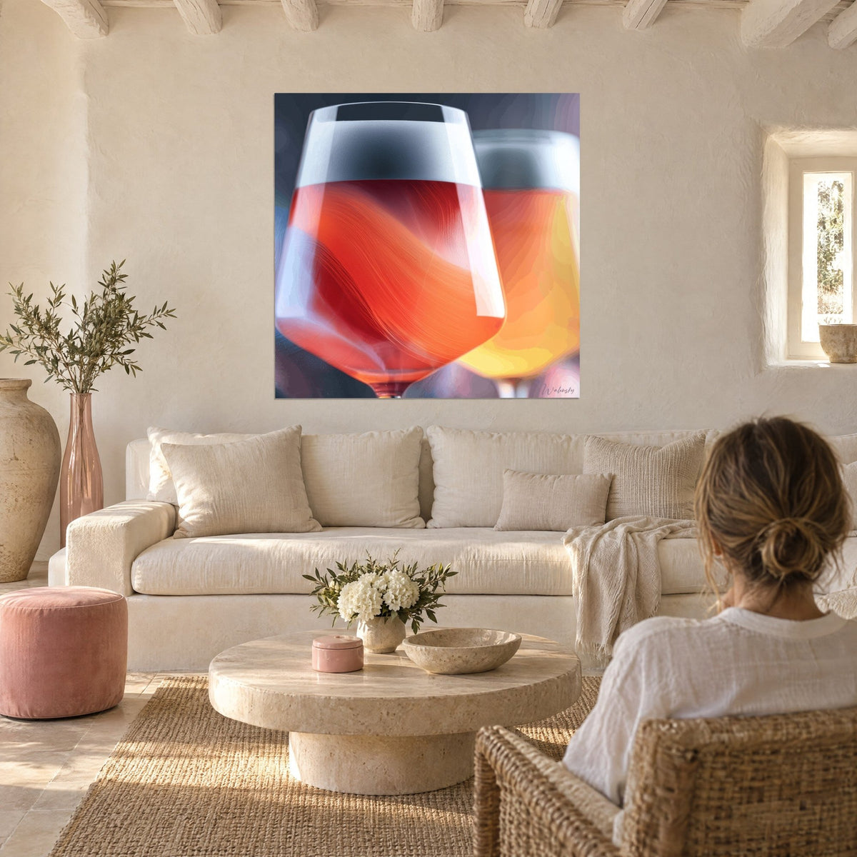 Wall art orange-red glass balloon with fiery swirls, cream wall, hung above a sofa in a bright living room