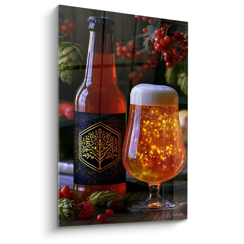 Tableau Bouteille ambrée et bleu marine près de baies rouges - Étiquette dorée à l'arbre - Edition Bière
