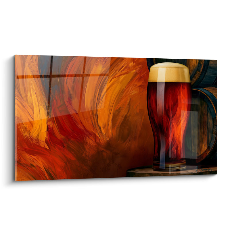Tableau Verre à bière rouge et orange tourbillonnant devant des tonneaux - Fond en flammes - Edition Bière