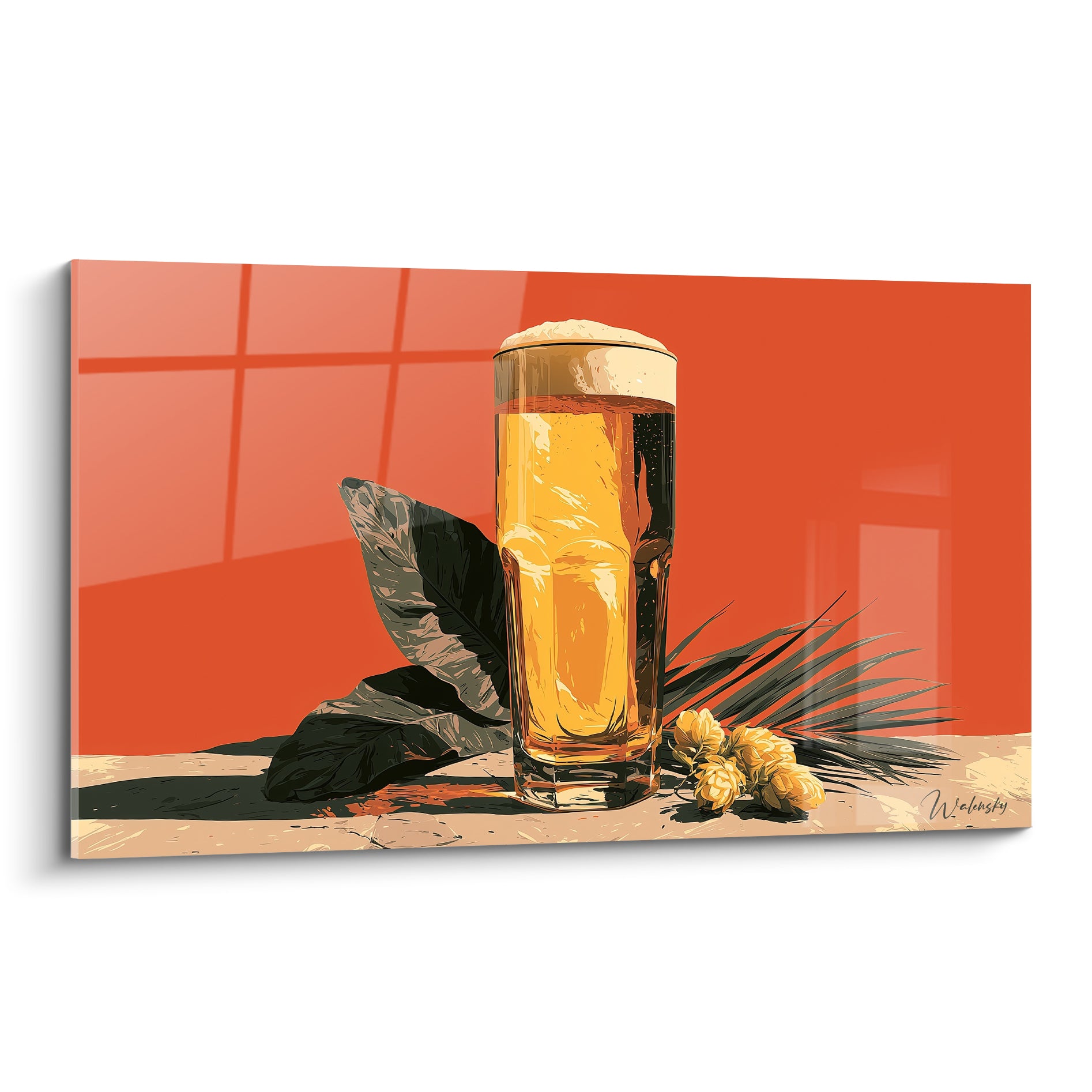 Verre de bière ambrée à mousse blanche sur fond corail, feuilles anthracite et houblon doré