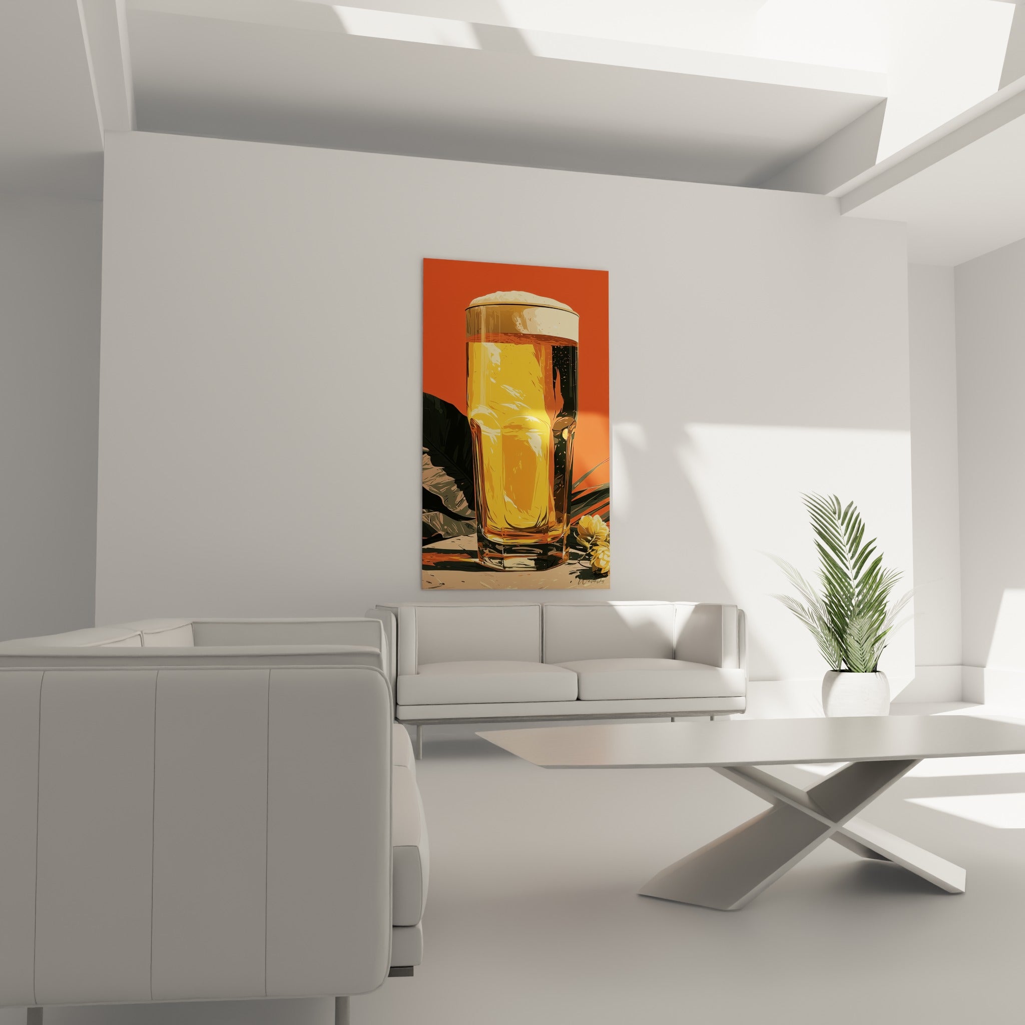 Bière ambrée et fond rouge terracotta illustrés accrochés au-dessus d'un canapé dans un salon lumineux