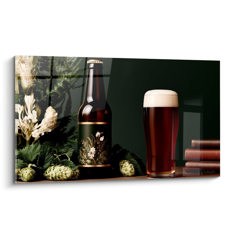 Tableau Bouteille et verre ambrés parmi houblons - Pause artisanale - Edition Bière