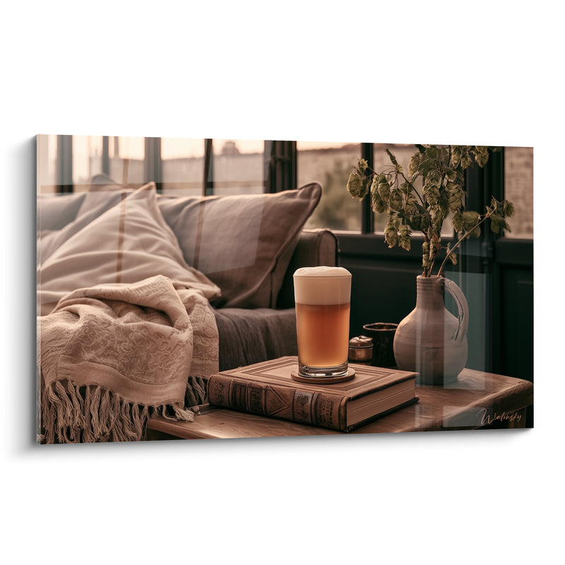 Tableau Verre ambré et beige posé sur livre relié - Cruche en grès fleurie - Edition Bière