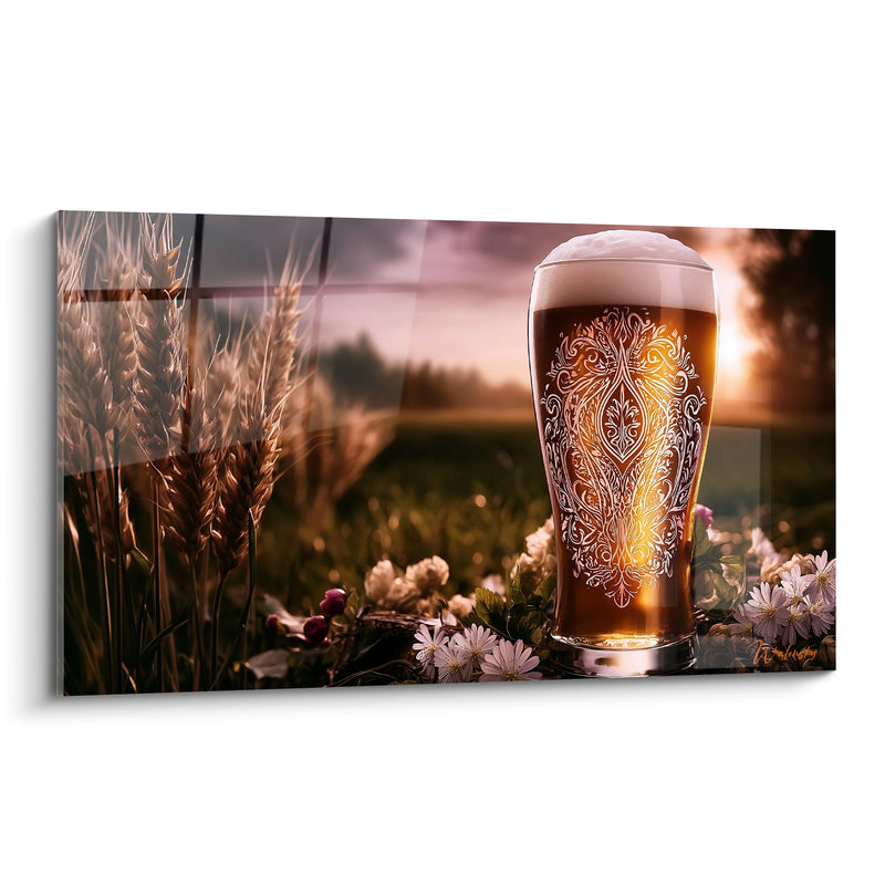 Tableau Verre ambré aux motifs blancs ornementaux - Soir de récolte - Edition Bière