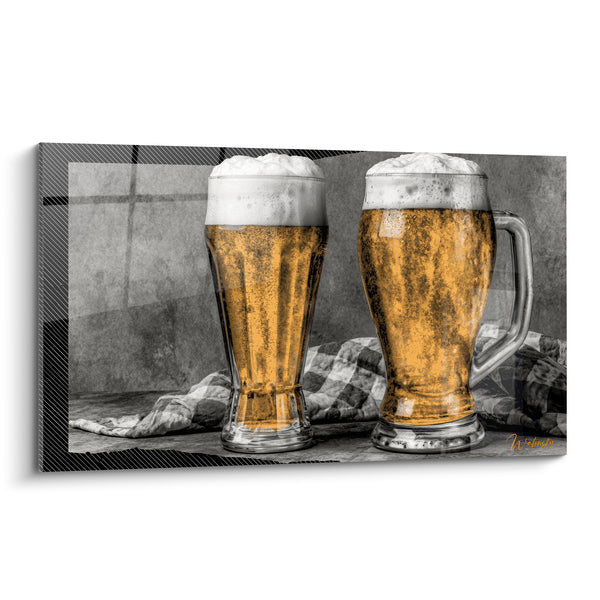Cuadro de Cerveza Ámbar y Gris sobre Mantel a Cuadros - Dúo Juntos - Edición Cerveza