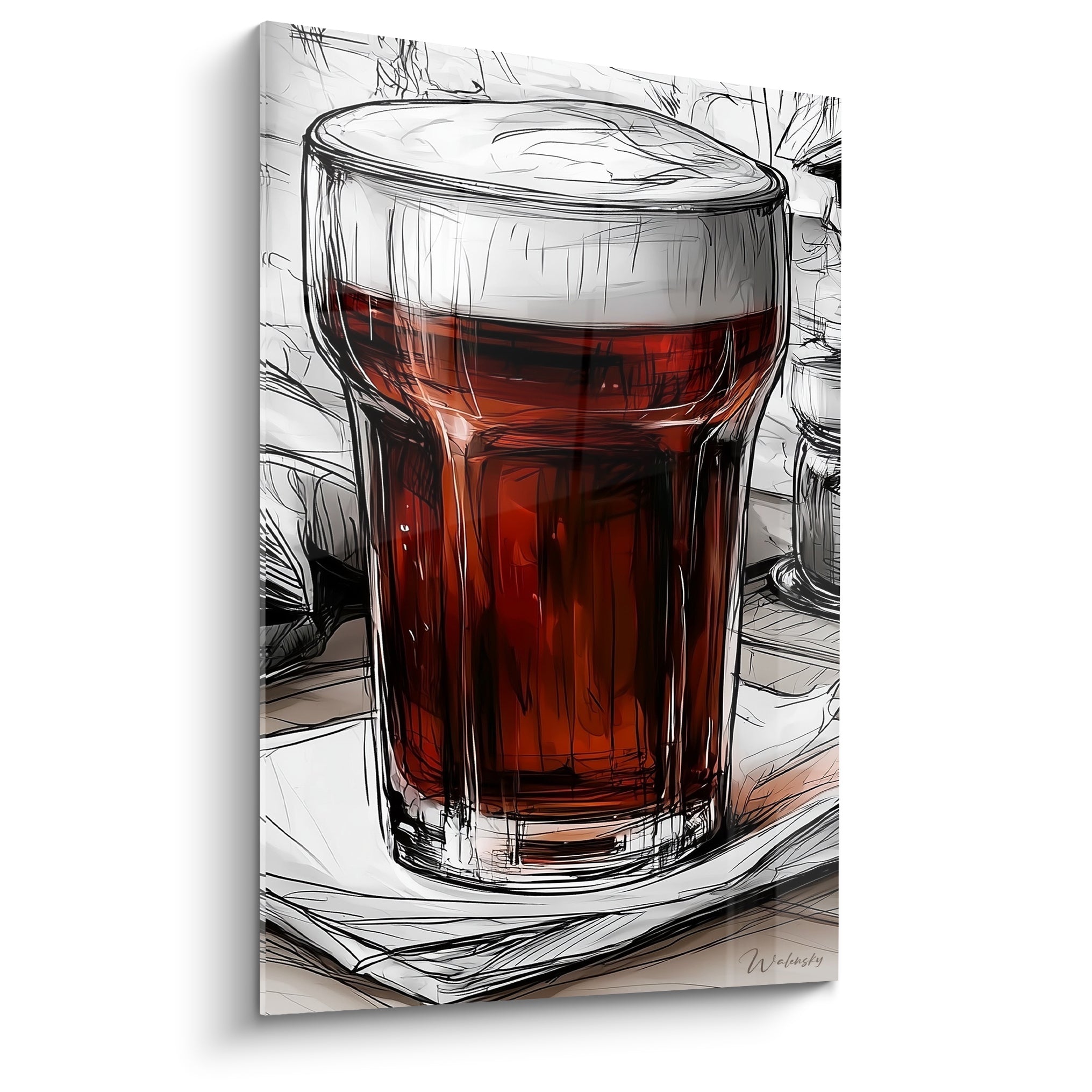 Verre de bière ambrée à mousse blanche, style croquis noir et gris, pleine largeur du cadre
