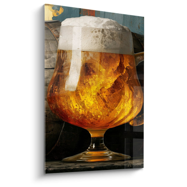 Cuadro de Vidrio con Bola Ámbar y Espuma Blanca Remolino - Tablero de Madera Turquesa - Edición Cerveza