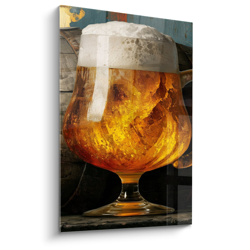 Tableau Verre ballon ambré et blanc mousse tourbillonnante - Planche de bois turquoise - Edition Bière