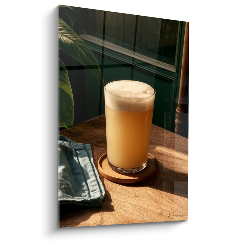 Tableau Verre trouble doré et vert près d'une feuille - Serviette bleue sur table - Edition Bière