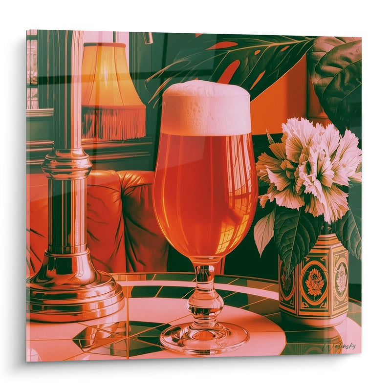 Tableau Verre ambré à mousse blanche sur guéridon - Heure de l'apéritif - Edition Bière