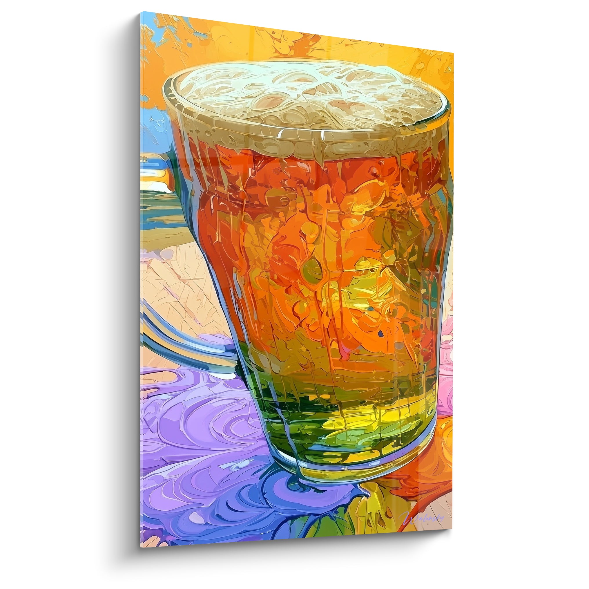 Verre de bière ambrée orange et jaune moutarde, mousse crémeuse, style pictural expressif et vibrant