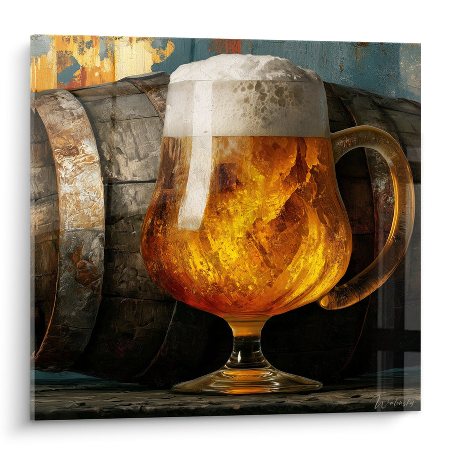 Tableau Chope ambrée et blanche devant un tonneau - Pause à la brasserie - Edition Bière