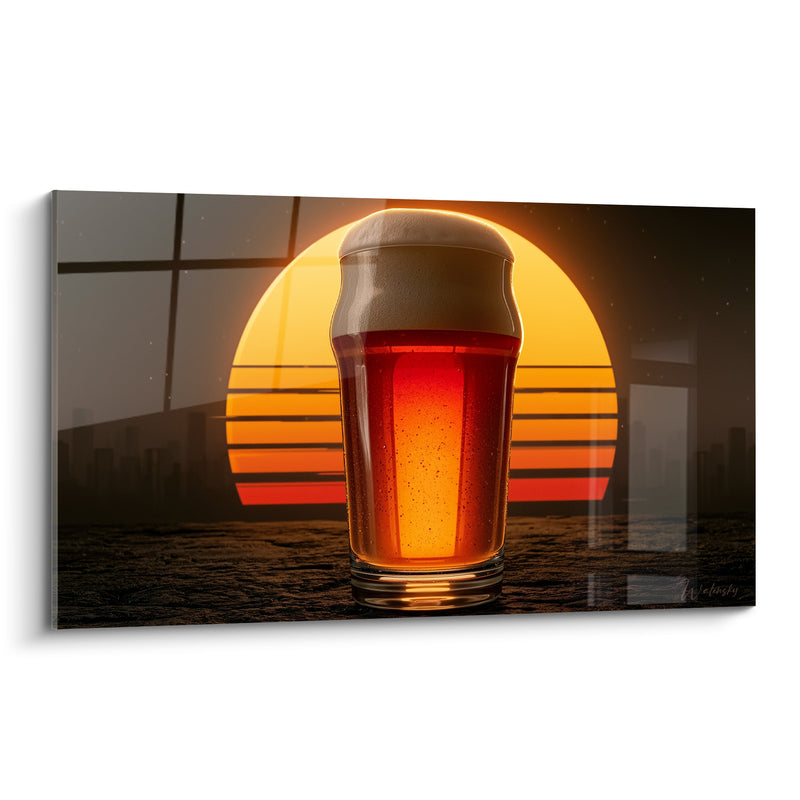 Tableau Verre ambré à mousse blanche coucher rétro - Pause au crépuscule - Edition Bière