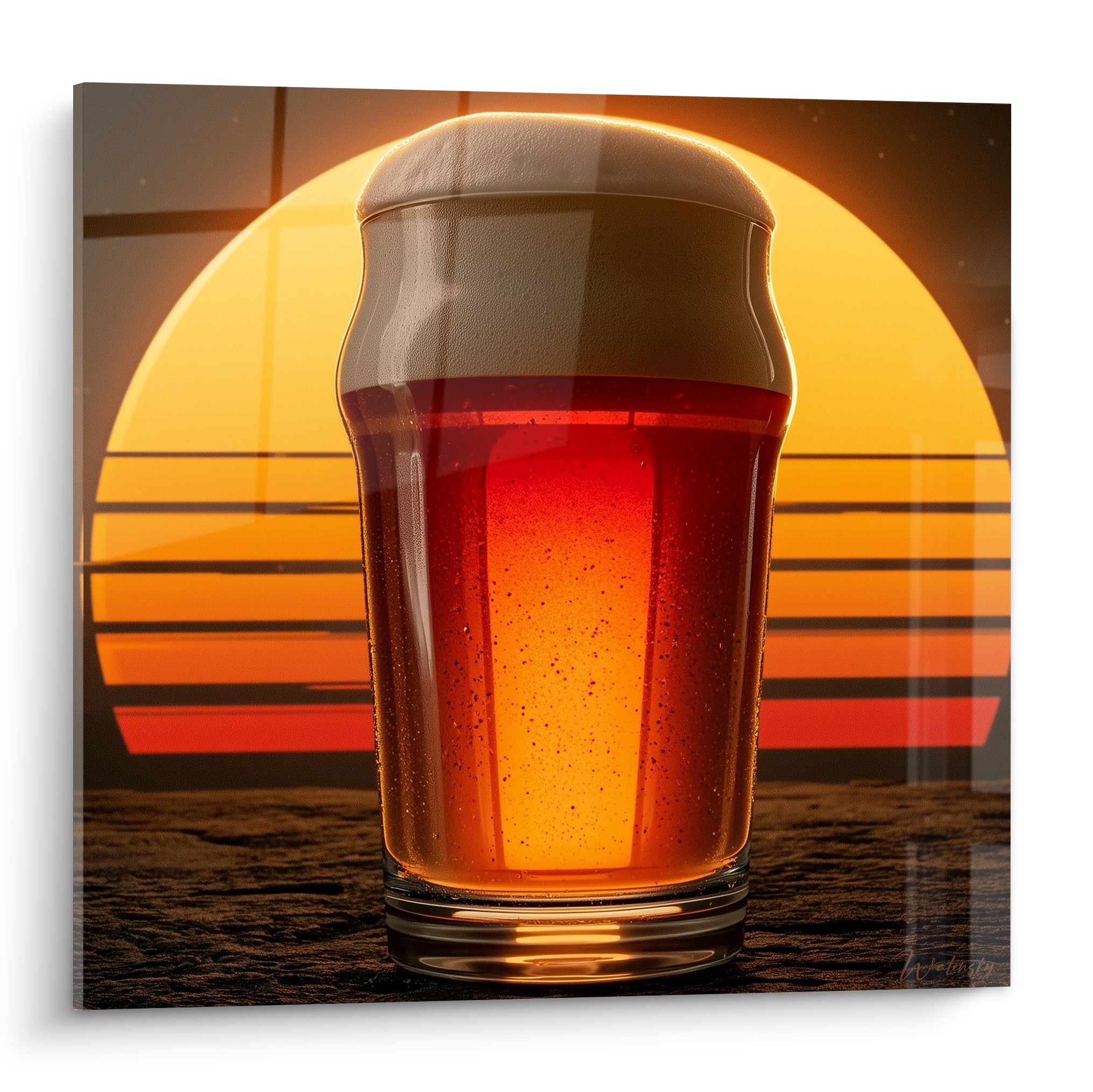 Verre de bière ambré et mousse crème devant un soleil orange et noir rayé