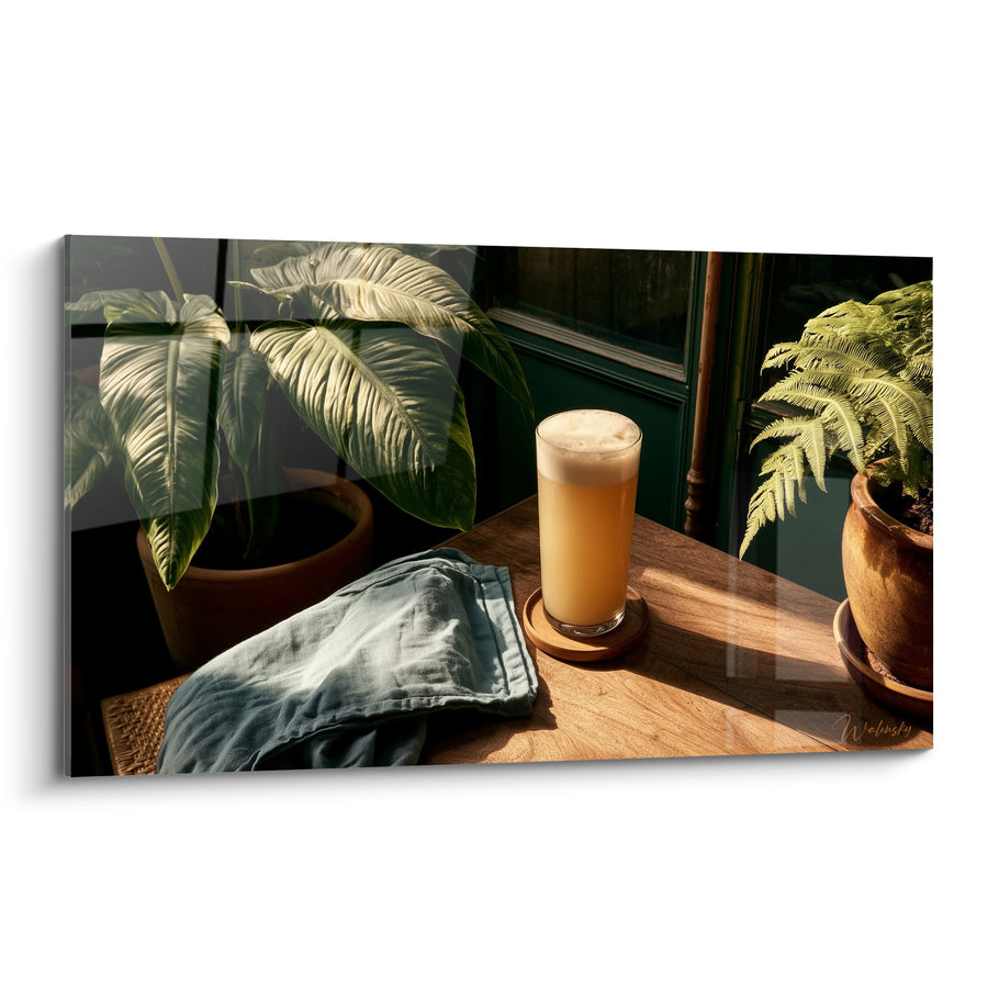 Tableau Verre doré et vert entre plantes tropicales - Serviette bleue près d'une fougère - Edition Bière