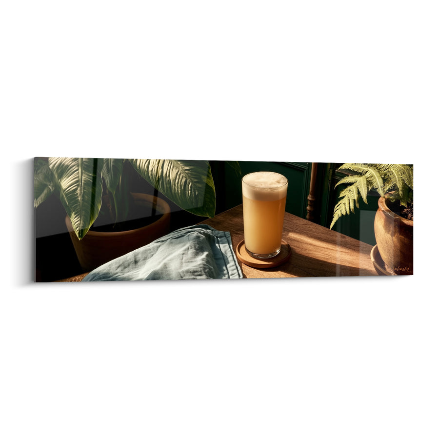 Tableau Verre trouble ambré et vert entre plantes - Linge bleu froissé - Edition Bière