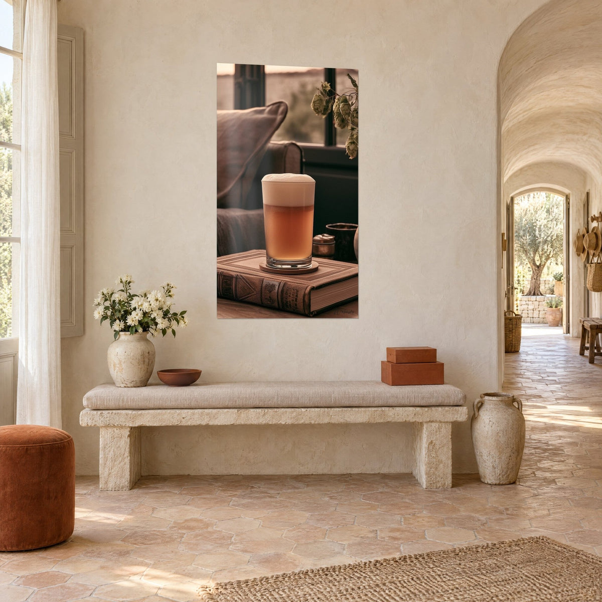 Wall art Blonde beer topped with creamy foam, copper-tooled leather book and green hop cones, white plastered wall, three-quarter view of a Provençal farmhouse