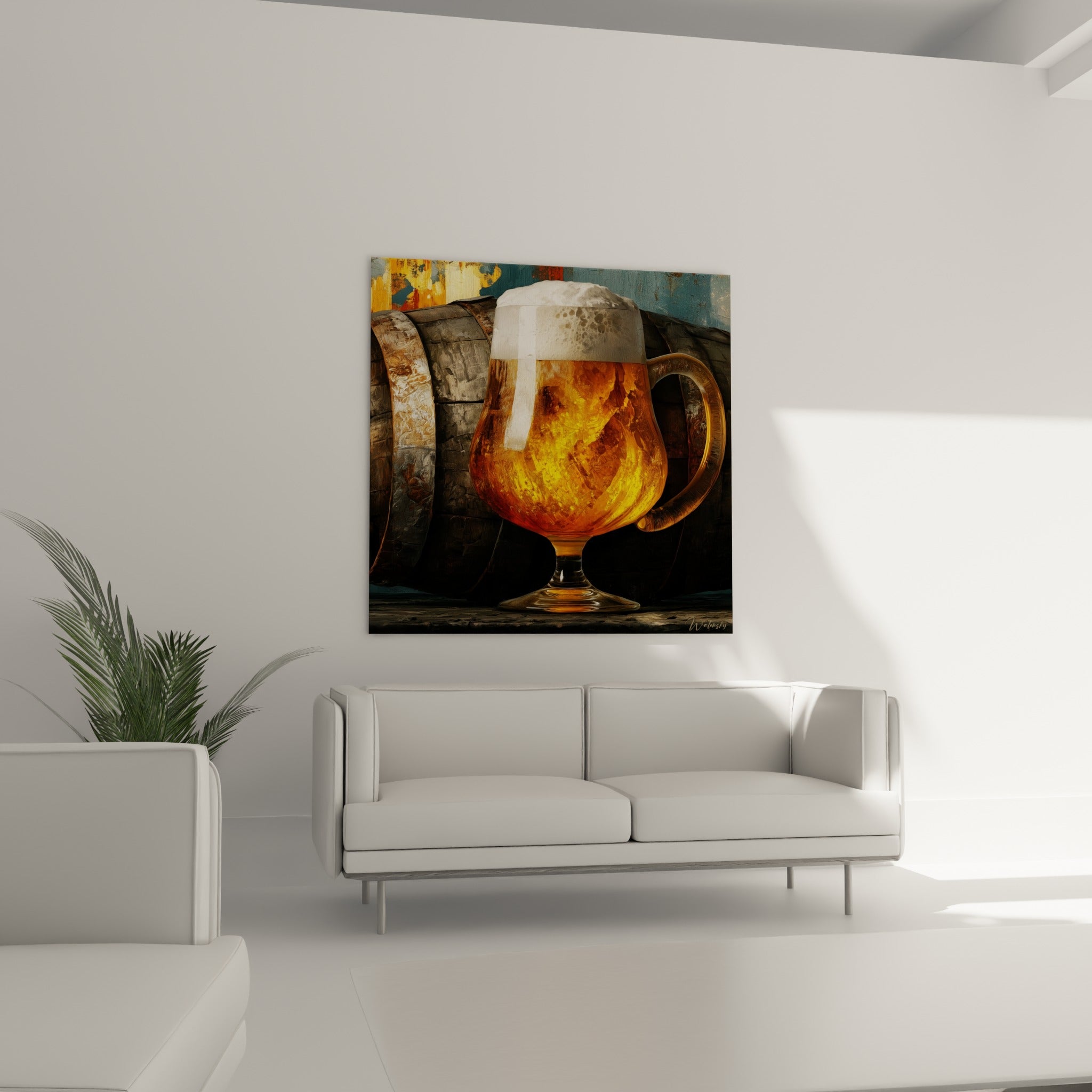 Bière ambrée servie devant un tonneau patiné, au-dessus d'un canapé dans un salon lumineux