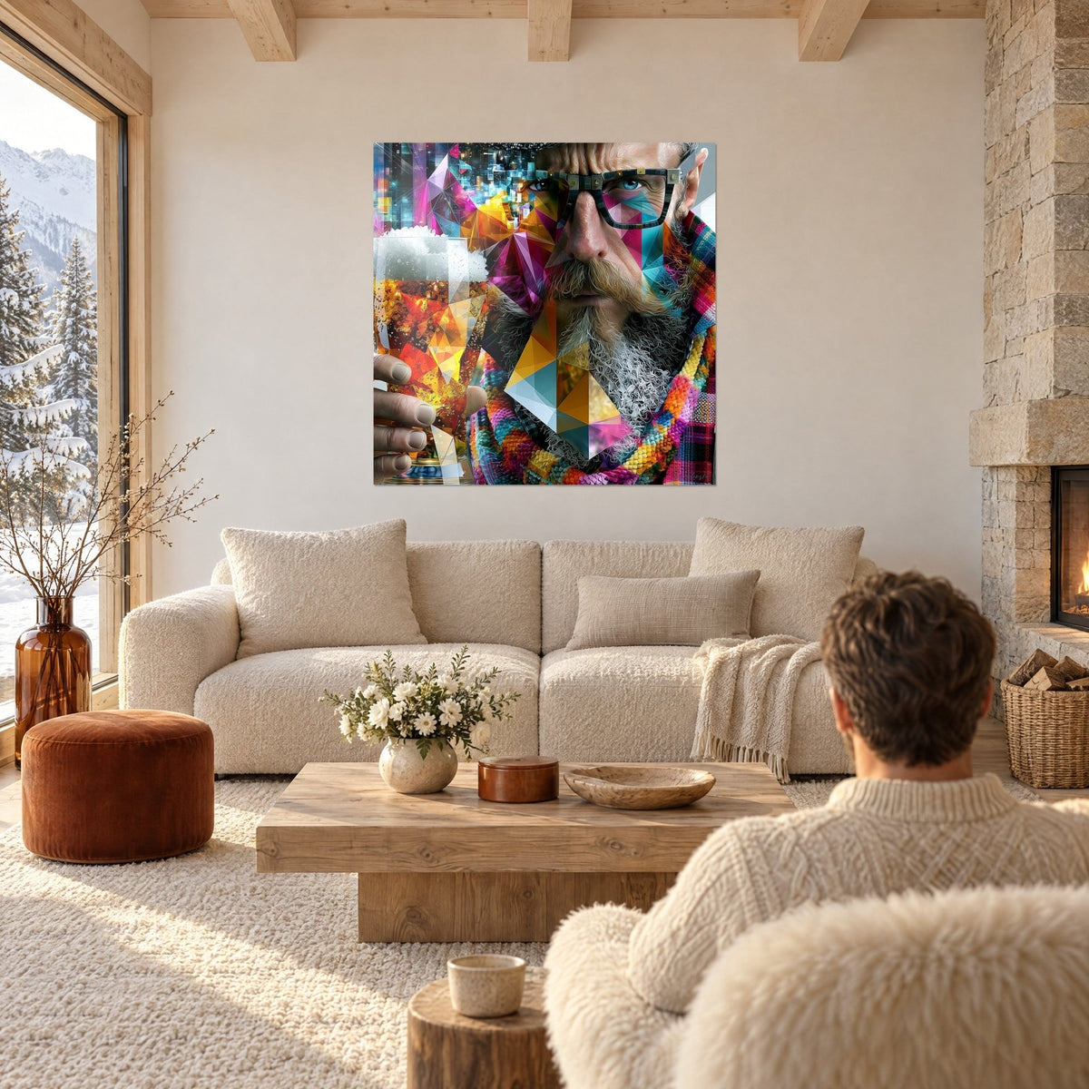 Wall art bearded man in square glasses, pink and turquoise facets, amber beer mug, two people seen from behind, above a sofa in a bright living room